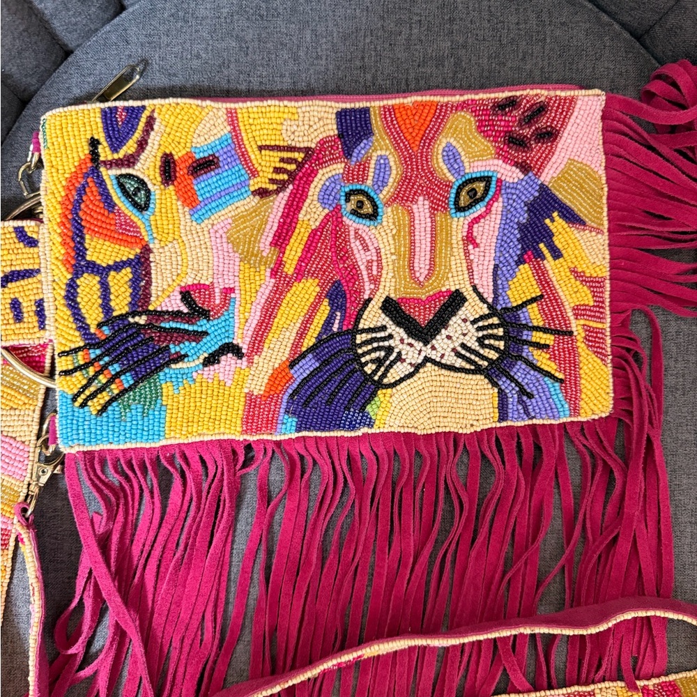 Sassy Jones Multicolor Beaded fringed  Lion Clutch